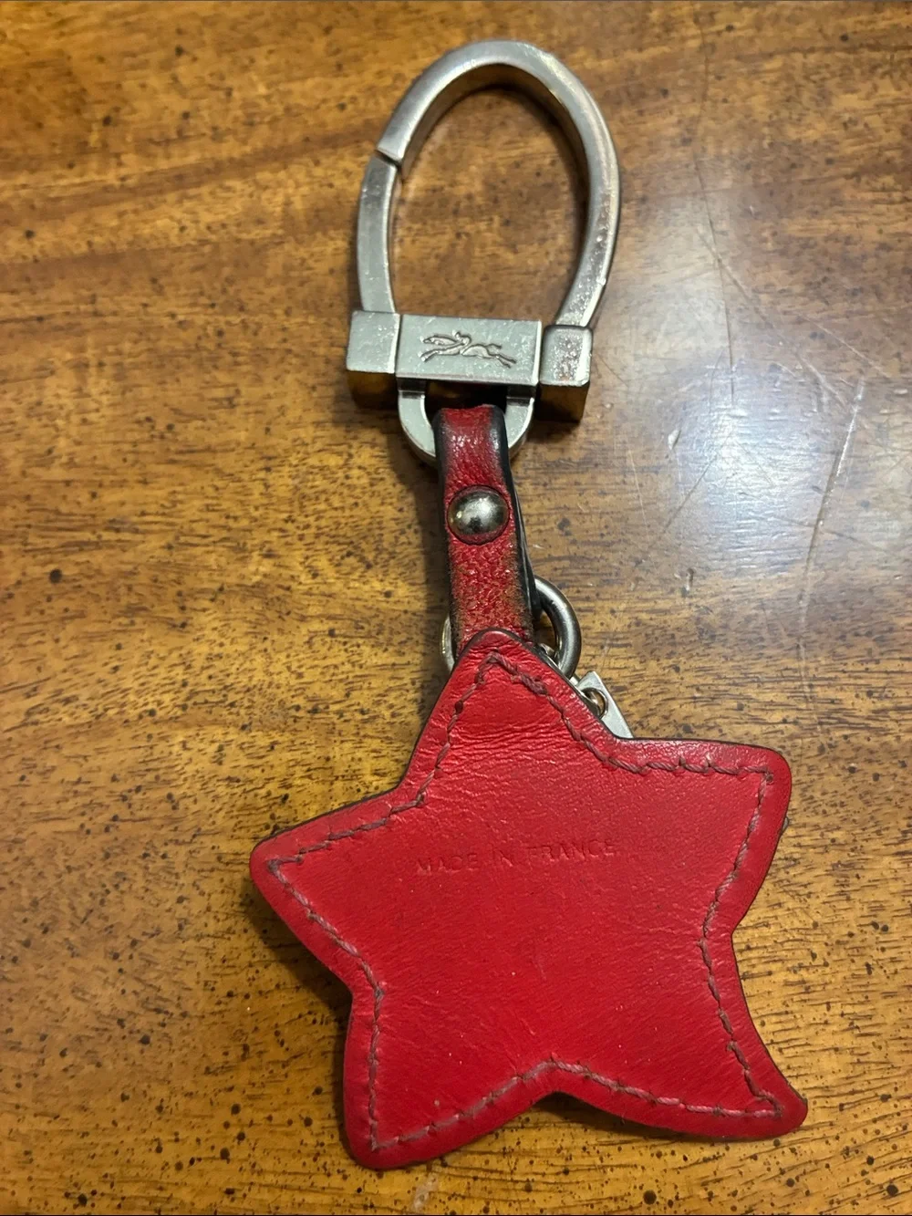 Longchamp Red Star Leather Key Fob with Metal Detail